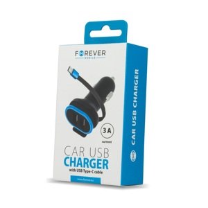 Auto nabíjačka Forever CC-02 2xUSB 3A s káblom USB typ-C čierna