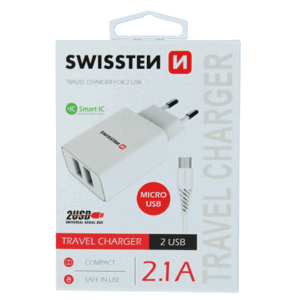 Nabíjačka Swissten Smart IC 2 x USB + Micro Usb kábel, 2.1A, 10,5W biela