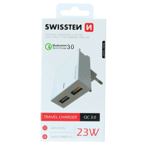 Nabíjací adaptér Swissten 2 x USB,  Quick Charge 3.0, max 23W biely