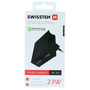 Nabíjací adaptér Swissten 2 x USB, Quick Charge 3.0, max 23W čierny