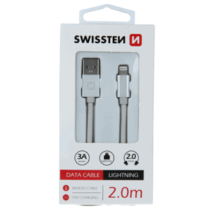 Dátový kábel opletený Swissten USB/Lightning (8 pin) 3.0A, 2.0m strieborný