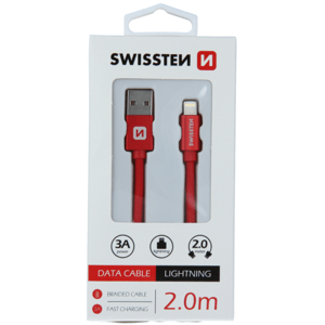 Dátový kábel opletený Swissten USB/Lightning (8 pin) 3.0A, 2.0m červený