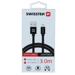 Dátový kábel opletený Swissten USB/Lightning (8 pin) 3.0A, 3.0m čierny