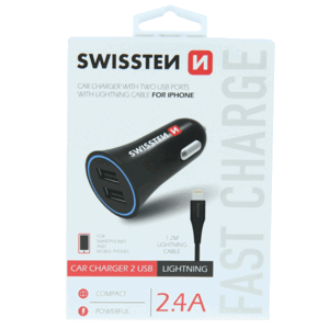Autonabíjačka Swissten CL Adaptér 2xUSB + Lightning kábel, 2.4A čierna