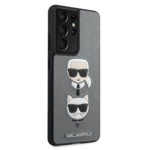Puzdro Karl Lagerfeld KLHCS21MSAKICKCSL na Samsung Galaxy S21 Plus 5G Saffiano K&C Heads strieborné
