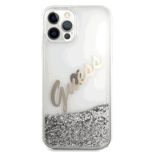 Puzdro Guess GUHCP12LGLVSSI na Apple iPhone 12 Pro Max Glitter Vintage strieborné