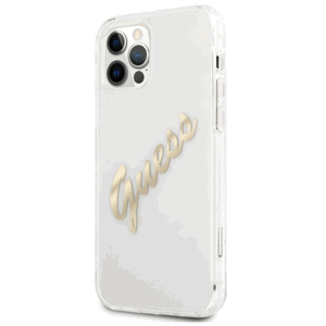 Plastové puzdro Guess na Apple iPhone 12 Pro Max GUHCP12LKTRSVGO Vintage Script Gold Logo transparentné