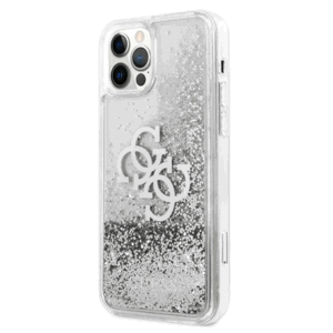 Plastové puzdro Guess na Apple iPhone 12/12 Pro GUHCP12MLG4GSI Big 4G Liquid Glitter Silver transparentné