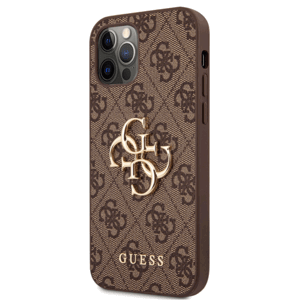 Plastové puzdro Guess na Apple iPhone 12/12 Pro GUHCP12M4GMGBR 4G Metal Logo hnedé