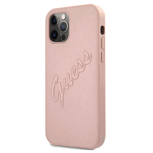 Plastové puzdro Guess na Apple iPhone 12/12 Pro GUHCP12MRSAVSRG Saffiano Vintage Script ružové