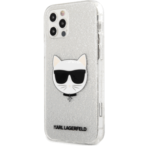Silikónové puzdro Karl Lagerfeld na Apple iPhone 12 Pro Max KLHCP12LCHTUGLS Choupette Head Glitter strieborné