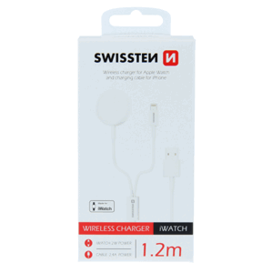 Nabíjačka pre Apple Watch + Kábel Opletený Swissten 2v1,Lightning + USB 1,2m biely