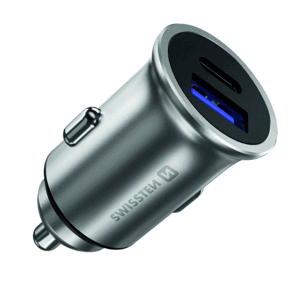 Autonabíjačka SWISSTEN USB QC 3.0 + USB-C (PD iPhone) 36W strieborná