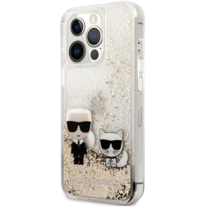 Plastové puzdro Karl Lagerfeld na Apple iPhone 13 Pro Max KLHCP13XGKCD Liquid Glitter Karl and Choupette zlaté