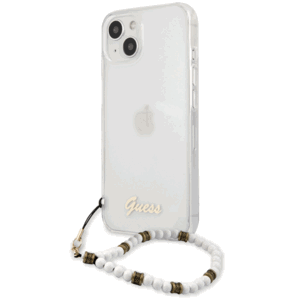 Plastové puzdro Guess na Apple iPhone 13 GUHCP13MKPSWH Script and White Pearls transparentné