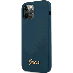 Silikónové puzdro Guess na Apple iPhone 12 Pro Max GUHCP12LLSLMGBL Silicone Script Gold Logo modré