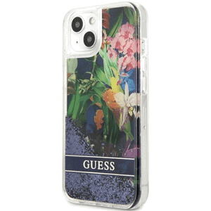 Plastové puzdro Guess na Apple iPhone 13 Mini GUHCP13SLFLSB Flower Liquid Glitter modré