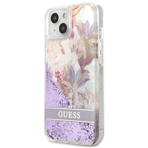 Plastové puzdro Guess na Apple iPhone 13 GUHCP13MLFLSU Liquid Glitter Flower fialové