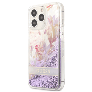 Plastové puzdro Guess na Apple iPhone 13 Pro GUHCP13LLFLSU Liquid Glitter Flower fialové