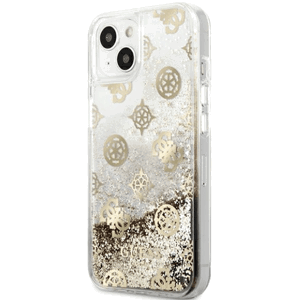 Plastové puzdro Guess na Apple iPhone 13 Mini GUHCP13SLGPEGO Peony Liquid Glitter zlaté