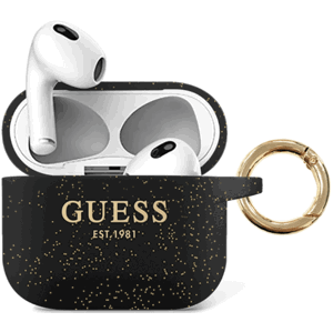 Silikónové puzdro Guess na Apple Airpods 3 GUA3SGGEK Glitter Printed Logo čierne