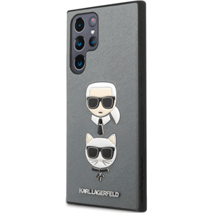 Plastové puzdro Karl Lagerfeld na Samsung Galaxy S22 5G KLHCS22SSAKICKCSL Saffiano K&C Heads strieborné