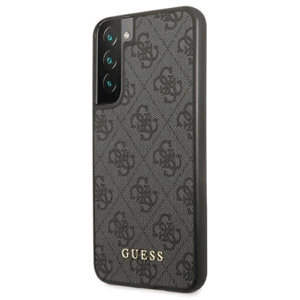 Plastové puzdro Guess na Samsung Galaxy S22 5G GUHCS22SG4GFGR Metal Gold Logo sivé