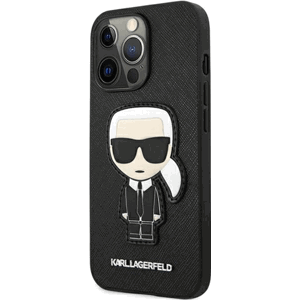 Plastové puzdro Karl Lagerfeld na Apple iPhone 13 Pro KLHCP13LOKPK Saffiano Ikonik Karl`s Patch čierne