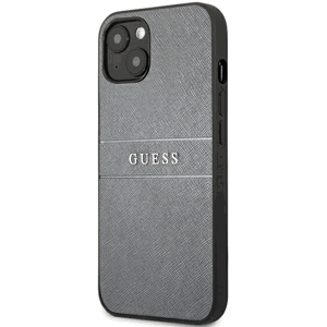 Plastové puzdro Guess na Apple iPhone 13 mini GUHCP13SPSASBGR Saffiano Strap sivé