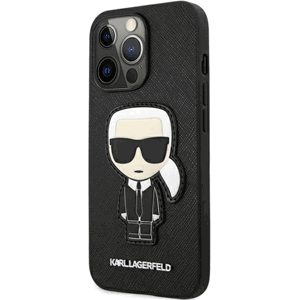 Plastové puzdro Karl Lagerfeld na Apple iPhone 13 Pro Max KLHCP13XOKPK Saffiano Ikonik Karl`s Patch čierne