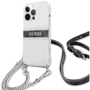 Plastové puzdro Guess na Apple iPhone 13/13 Pro GUHCP13LKC4GBSI 4G Grey Strap Silver Chain transparentné