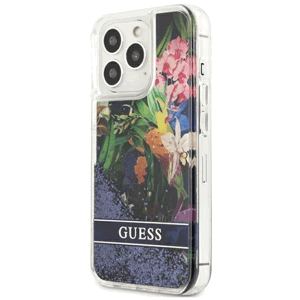 Plastové puzdro Guess na Apple iPhone 13 Pro Max GUHCP13XLFLSB Glitter Flower  modré