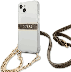 Plastové puzdro Guess na Apple iPhone 13 Mini GUHCP13SKC4GBGO 4G Brown Strap Gold Chain transparentné