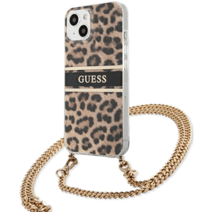 Plastové puzdro Guess na Apple iPhone 13 Mini GUHCP13SKBCLE Leopard Gold Strap čierne