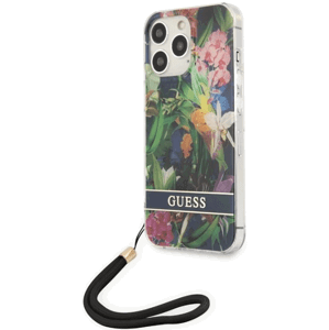 Plastové puzdro Guess na Apple iPhone 13 Pro GUHCP13LHFLSB Flower Strap modré