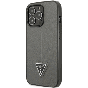 Plastové puzdro Guess na Apple iPhone 13 Pro Max GUHCP13XPSATLG Saffiano PU Triangle strieborné