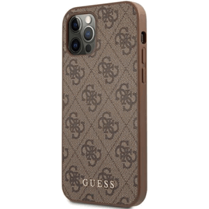 Plastové puzdro Guess na Apple iPhone 12 Pro Max GUHCP12LG4GFBR PU 4G Metal Gold Logo hnedé