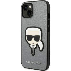 Plastové puzdro Karl Lagerfeld na Apple iPhone 14 Plus KLHCP14MSAPKHG Saffiano With Karl Head Patch strieborné