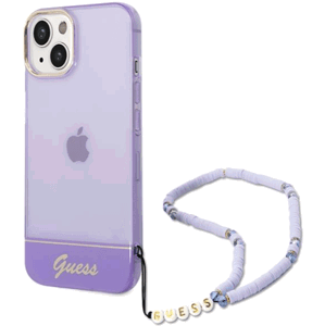 Plastové puzdro Guess na Apple iPhone 14 GUHCP14SHGCOHU IML Electro Cam w. Strap Translucent fialové
