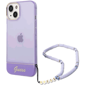 Plastové puzdro Guess na Apple iPhone 14 Pro GUHCP14LHGCOHU IML Electro Cam w. Strap Translucent fialové