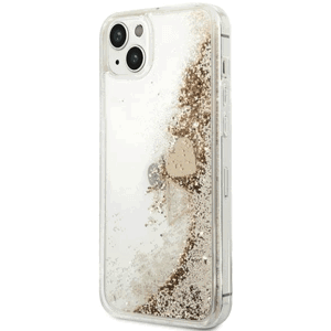 Plastové puzdro Guess na Apple iPhone 14 GUOHCP14SGLHFLGO Liquide Glitter Charms zlaté