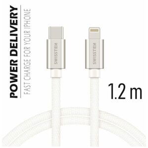 Dátový kábel Swissten textilný, USB-C / Lightning, 1,2 m, strieborný