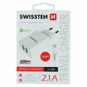 Swissten sieťový adaptér smart IC 2x USB, 2,1 A Power, biely + kábel USB-C 1,2 m