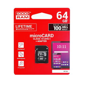 GOODRAM 12108
Pamäťová karta GOODRAM microSDHC 64GB UHS-I + adaptér (M1AA-0640R12)