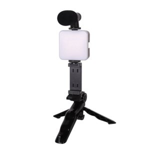 MG Phone Tripod držiak na mobil s LED osvetlením a mikrofónom, čierny