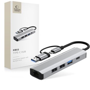 Tech-Protect HB03 HUB adaptér USB-C + USB - 3x USB / USB-C / RJ45, šedý