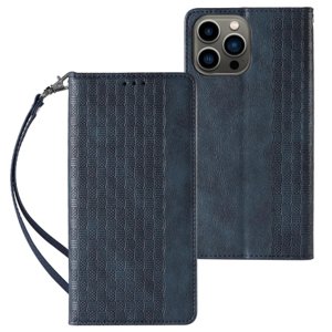 MG Magnet Strap knižkové kožené puzdro na iPhone 13 Pro, modré