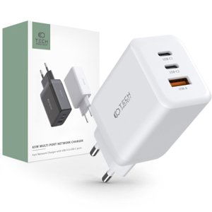 Tech-Protect C65W sieťová nabíjačka USB / 2x USB-C 65W QC PD, biela